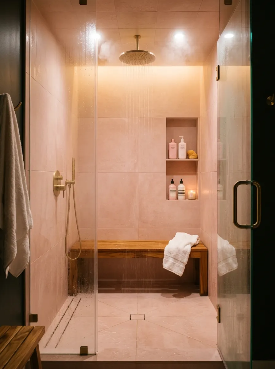 Luxury pink porcelain tile steam shower with teak bench, rain showerhead, and gold fixtures pink bathroom design