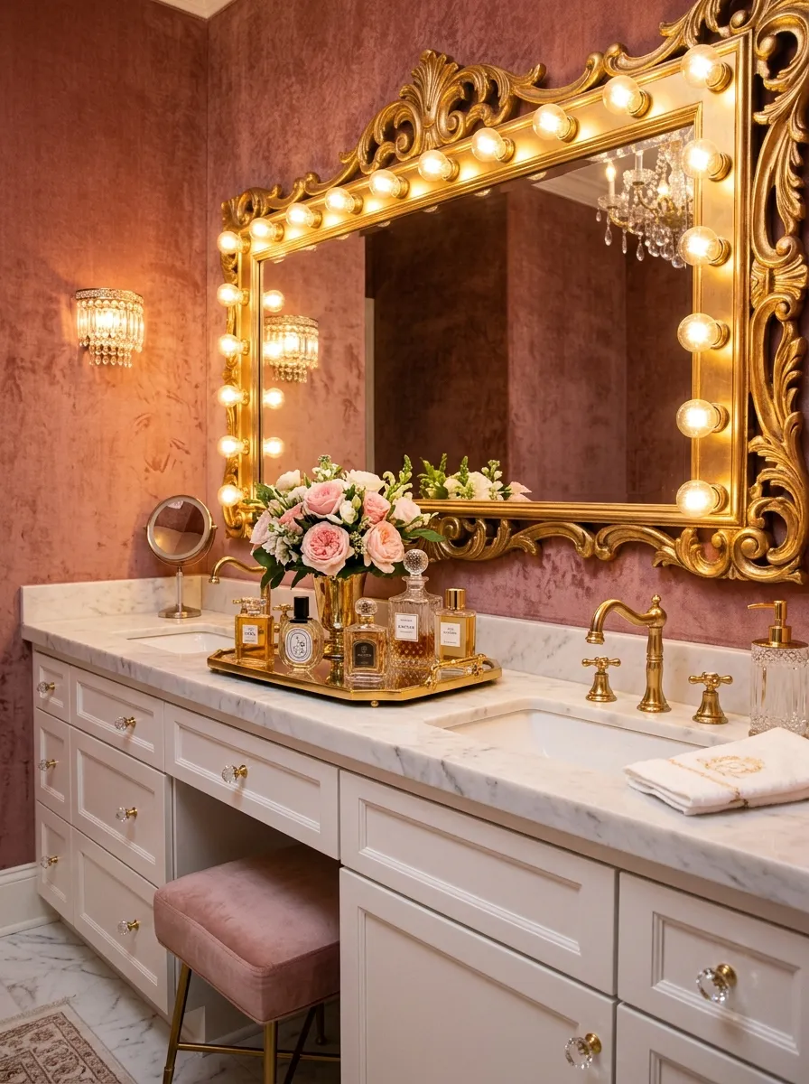 Hollywood glam pink and gold bathroom with velvet wallpaper, ornate mirror, and crystal vanity pulls pink bathroom decor