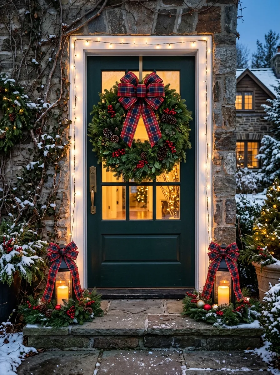 Dark green front door with oversized plaid bow and pine wreath for classic holiday home decorating curb appeal