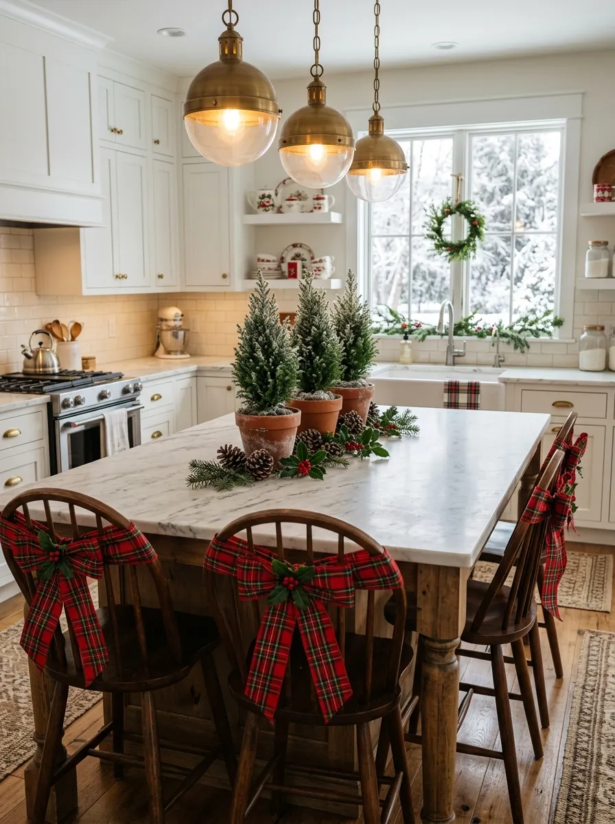 White farmhouse kitchen with plaid bows on chairs and small pine trees on island for classic holiday home decorating