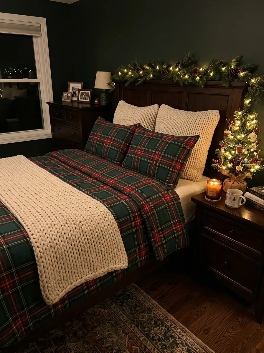 King bed dressed in a red and green tartan plaid duvet as part of a cozy festive plaid home ideas bedroom setup