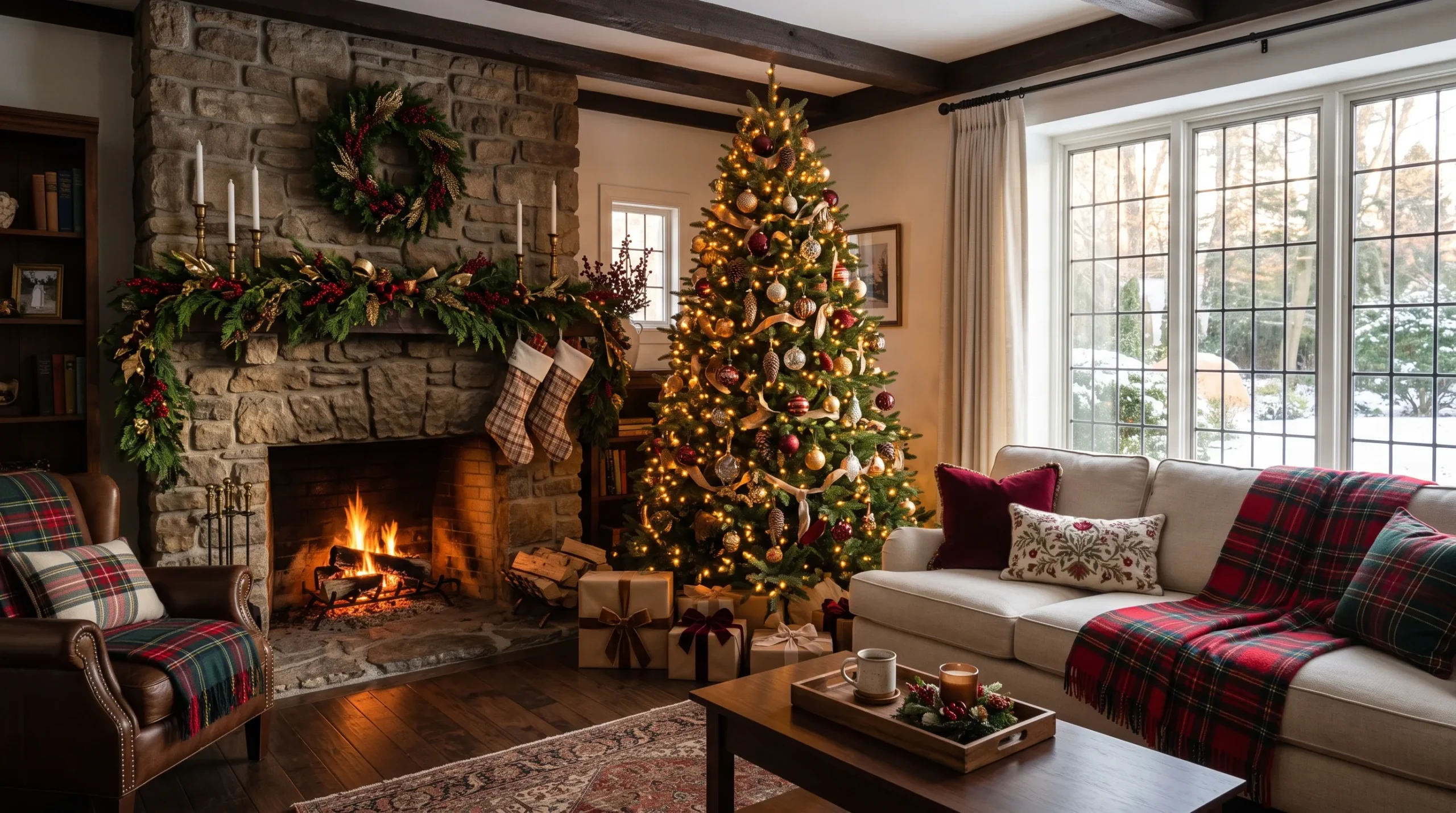 Cozy living room styled with plaid Christmas decorating ideas including red throws, garland, and warm candlelight