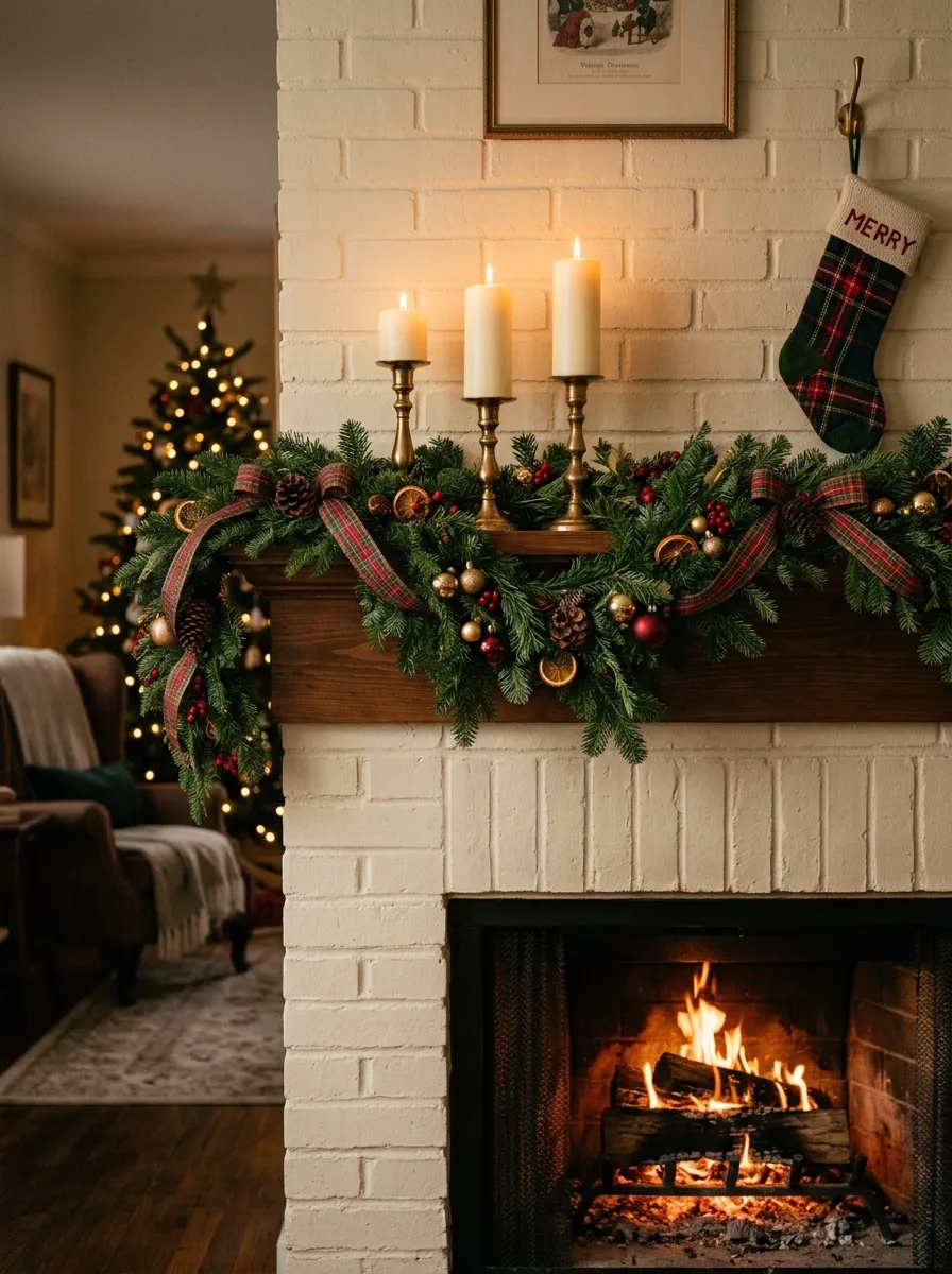 Fireplace mantel with garland and plaid ribbon showcasing timeless plaid Christmas decorating ideas for the holiday season