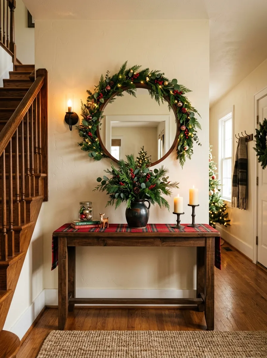Entryway console table with a red plaid runner and garland mirror as a welcoming tartan Christmas decorating idea for the foyer