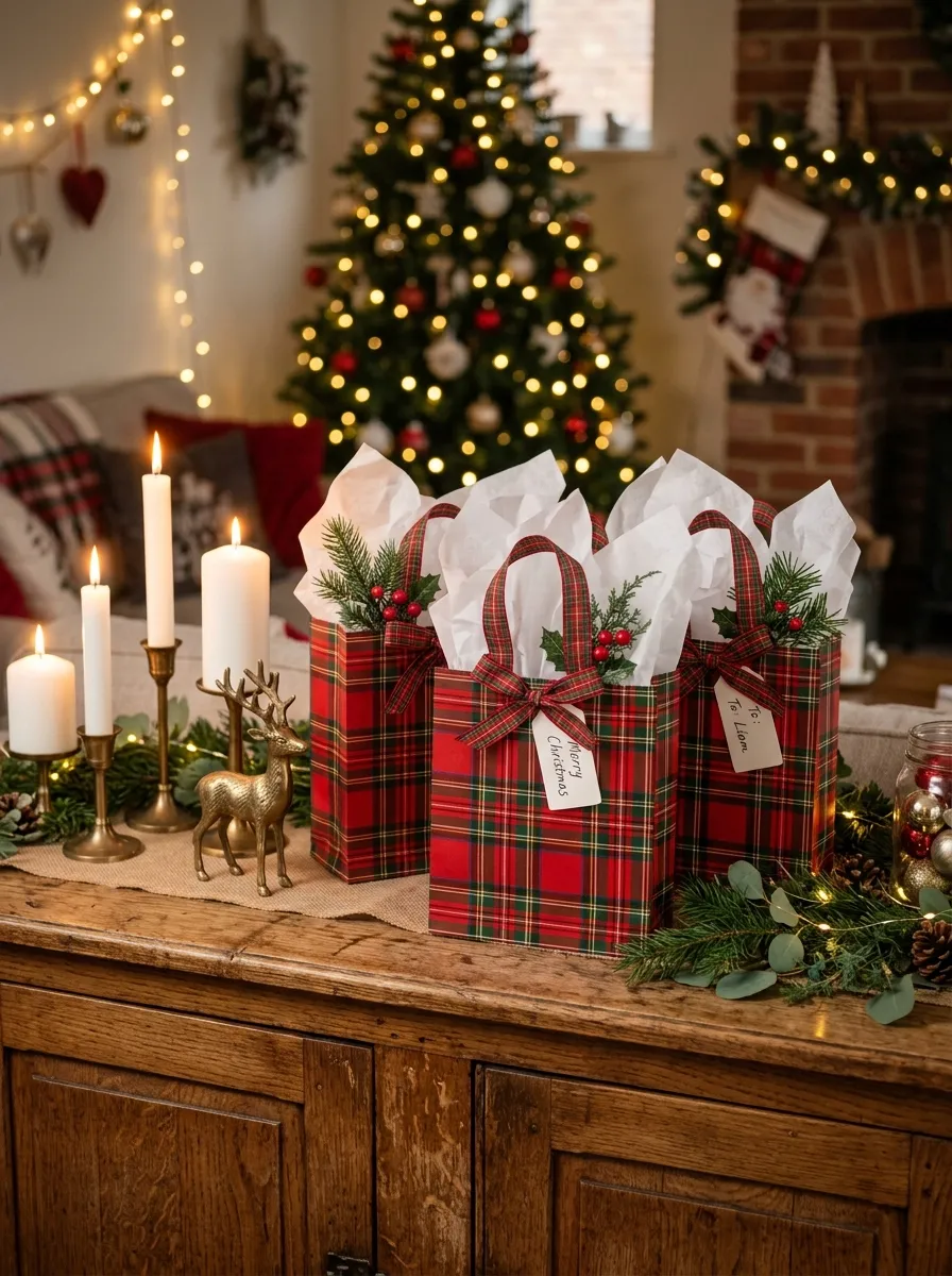 Red and green plaid Christmas gift bags with tissue paper on a sideboard as festive plaid home ideas for holiday gift displays
