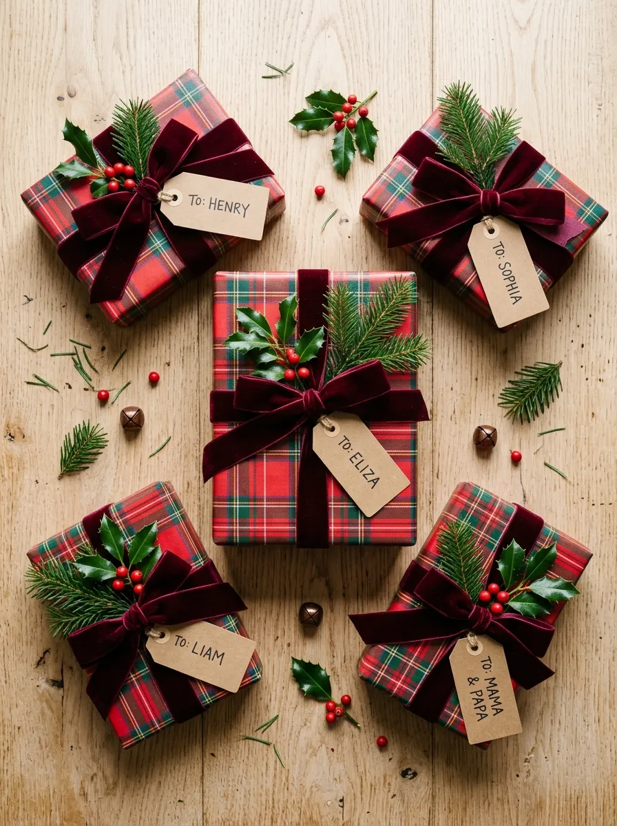 Wrapped Christmas gifts in red plaid paper with velvet ribbon as part of festive plaid home ideas for the holidays