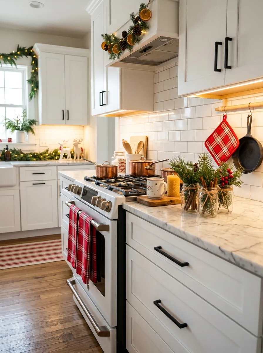 Farmhouse kitchen with red and white plaid dish towels and pine accents as simple holiday plaid decor for the kitchen