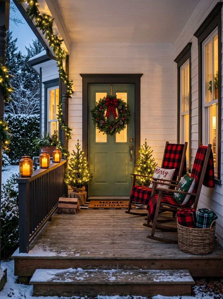 Front porch rocking chairs with red plaid blankets and lanterns as classic plaid Christmas decorating ideas for outdoor spaces