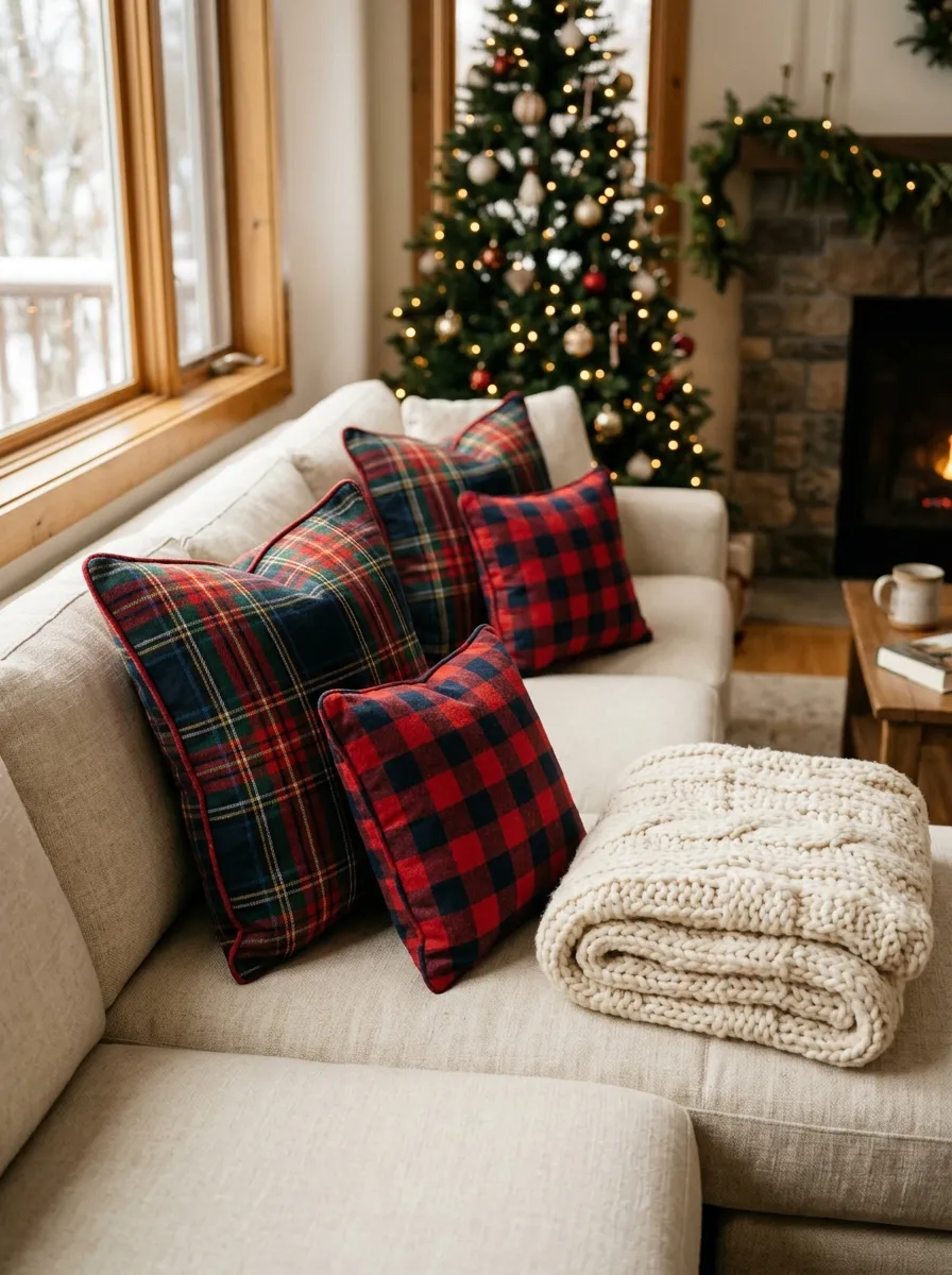 Neutral sofa styled with red tartan and buffalo plaid throw pillows as easy holiday plaid decor for the living room