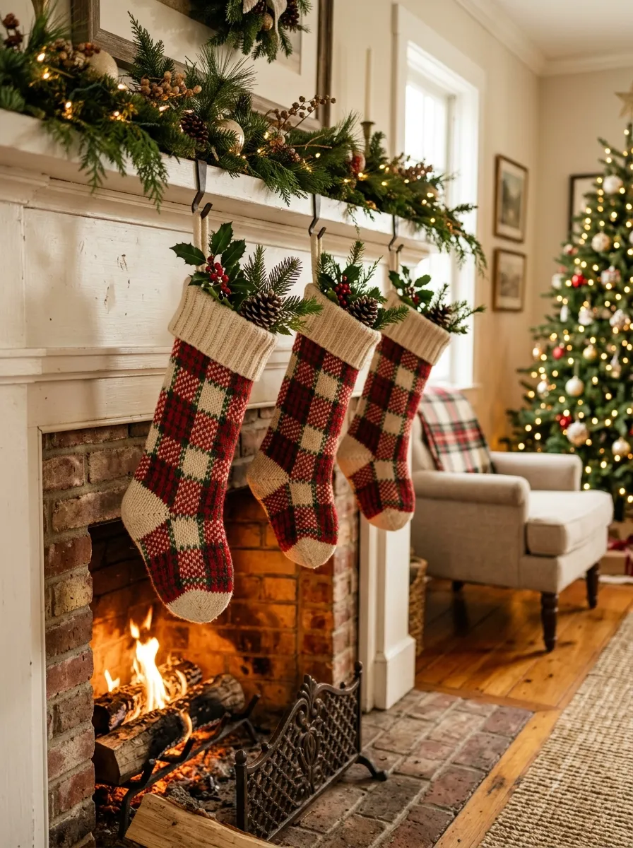 Three red and cream plaid Christmas stockings hanging on a mantel as part of a cozy holiday plaid decor display