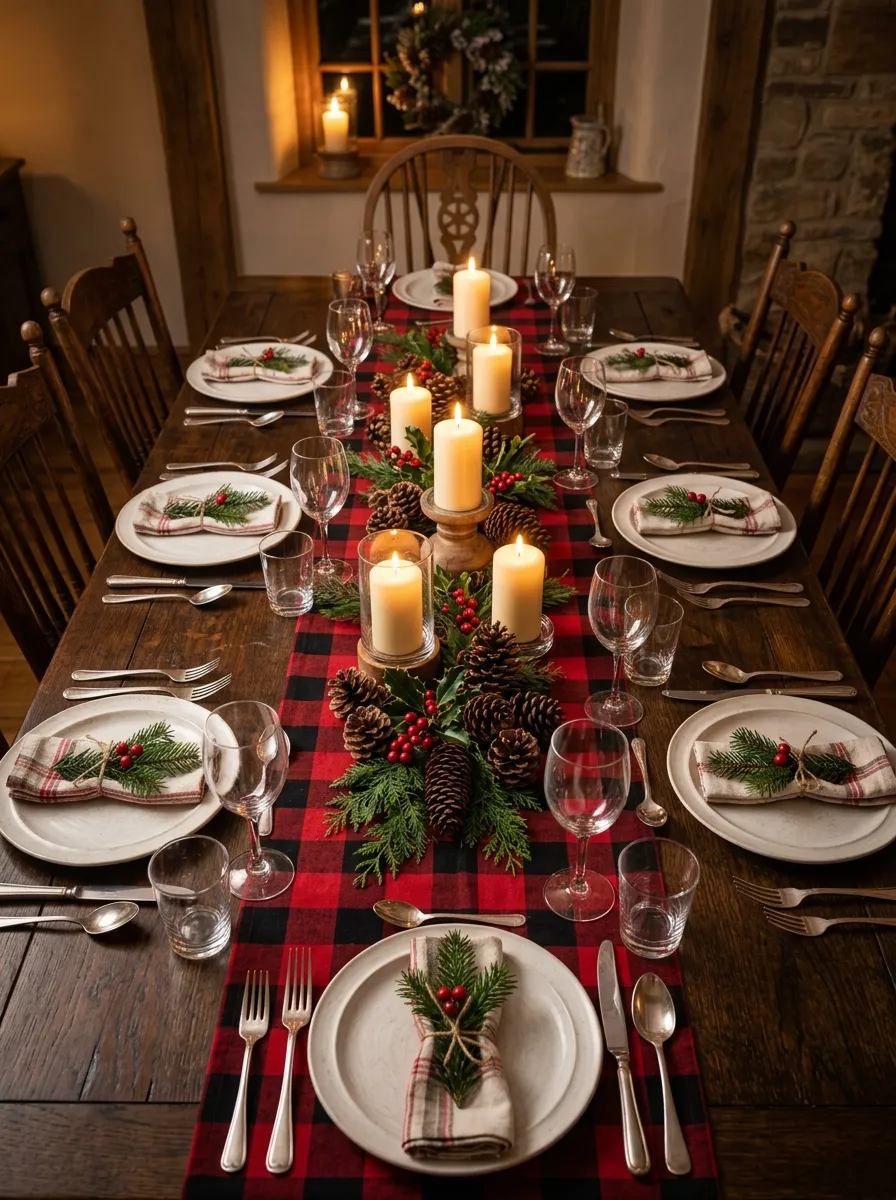 Farmhouse dining table with a red buffalo plaid runner as a classic plaid Christmas decorating centerpiece arrangement