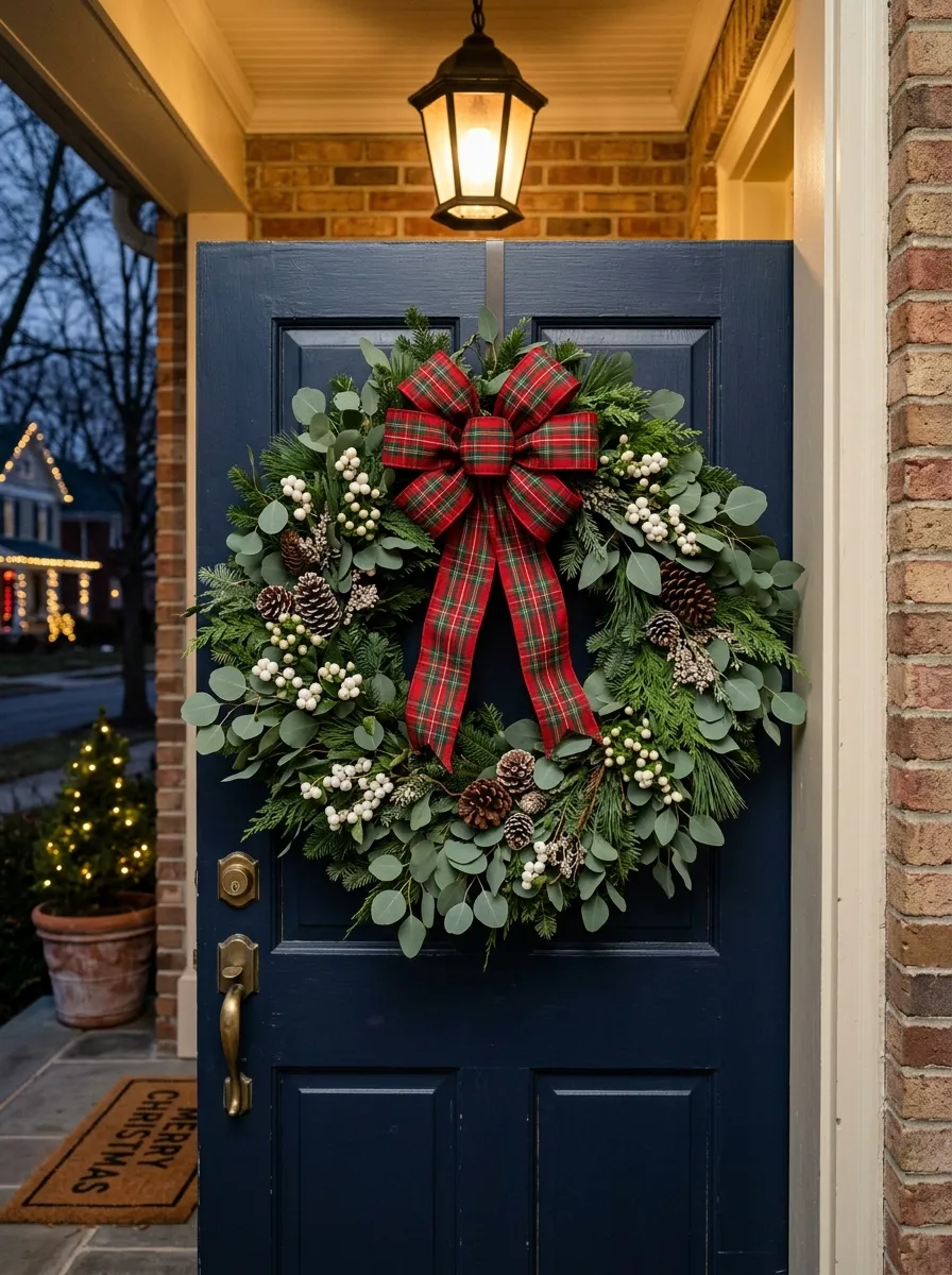 Fresh pine Christmas wreath with a large red plaid bow on a dark front door for classic tartan Christmas decorating curb appeal