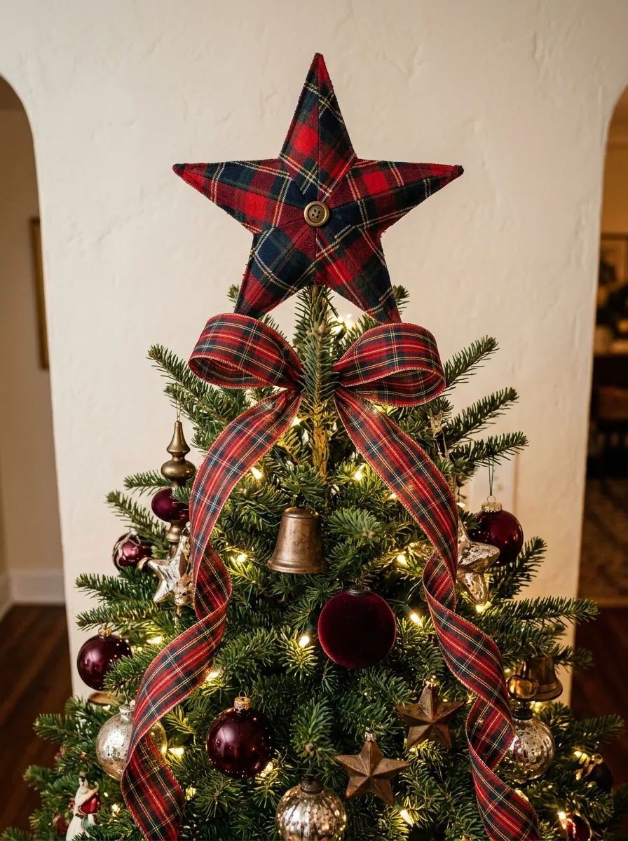 Tartan plaid fabric star tree topper with burgundy ornaments for Ralph Lauren inspired Christmas decorating style