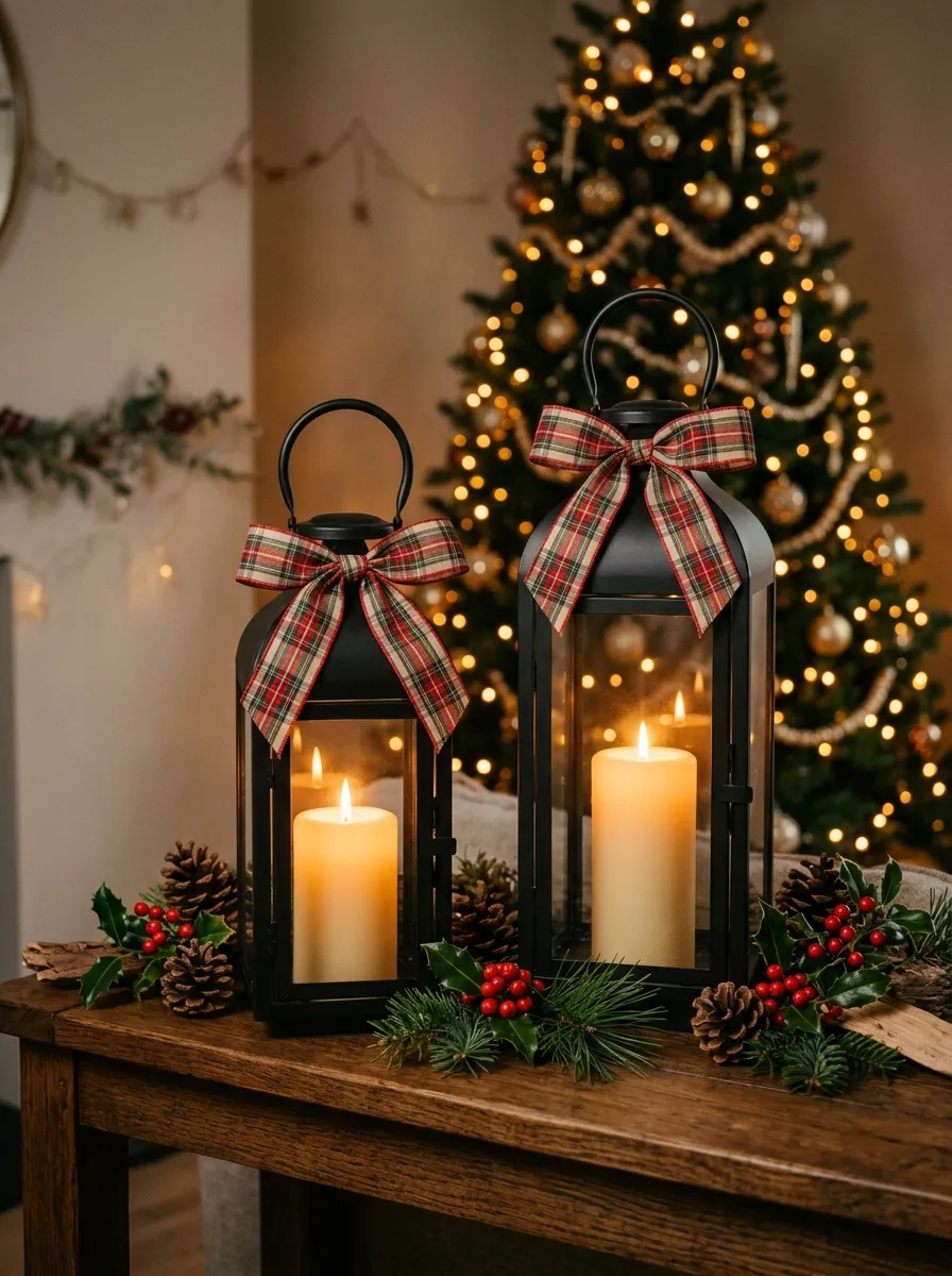 Black metal lanterns with plaid ribbon bows and candles arranged as part of a cozy holiday plaid decor vignette display