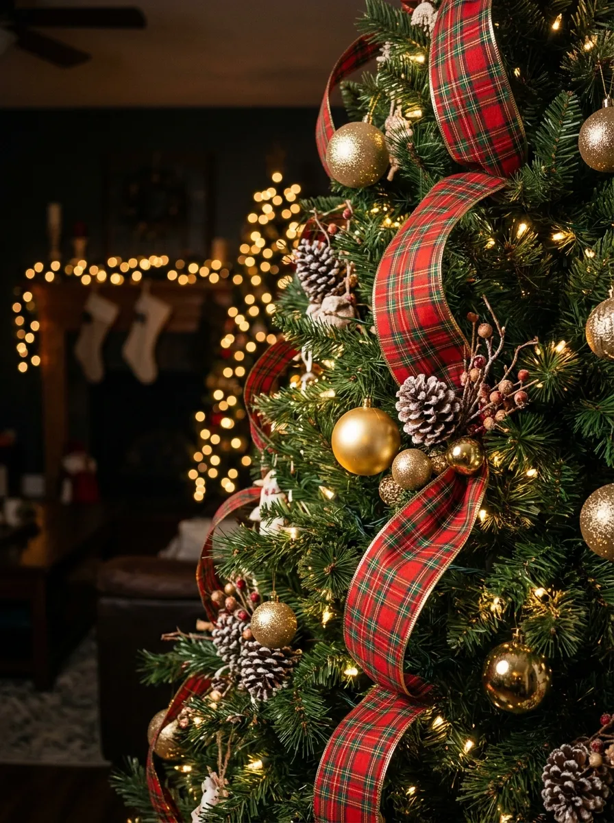 Christmas tree decorated with cascading red and green plaid ribbon loops as a timeless festive plaid home idea