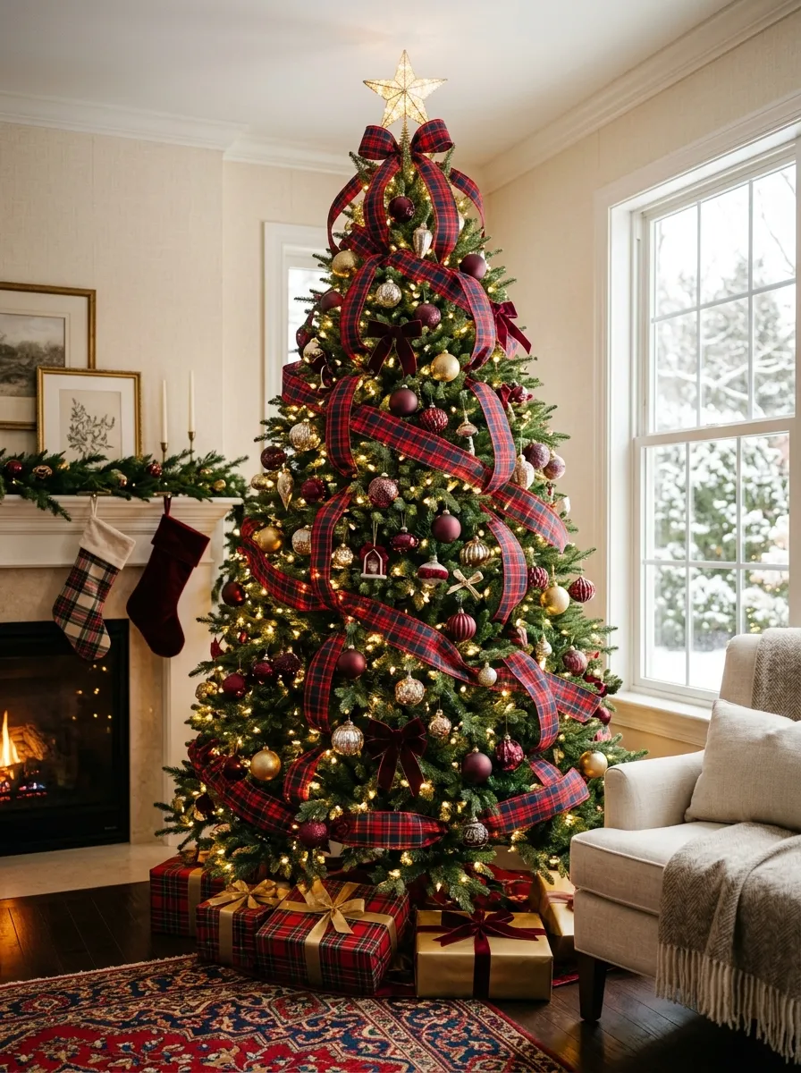 Christmas tree decorated with red tartan plaid ribbons and burgundy ornaments in Ralph Lauren Christmas decor style
