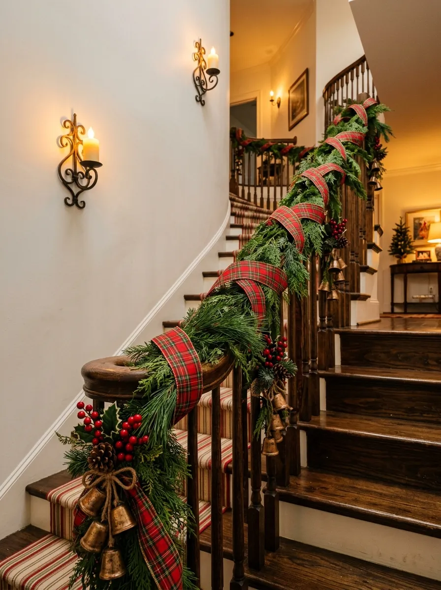 Pine stair garland with red plaid ribbon and brass bells for a classic holiday plaid decor look on a wooden staircase