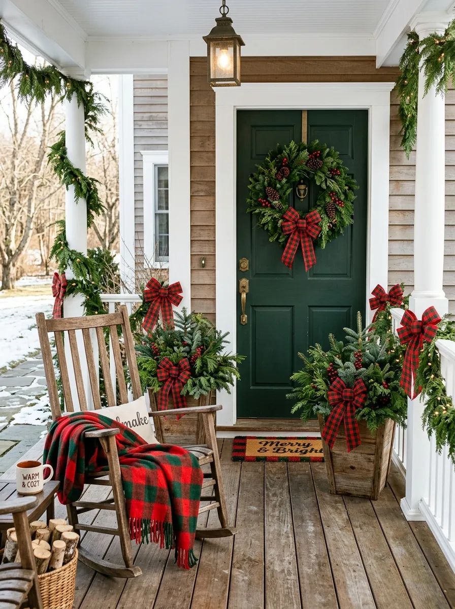 Plaid buffalo check bows on porch railing and wreath as outdoor Christmas decoration ideas with farmhouse charm