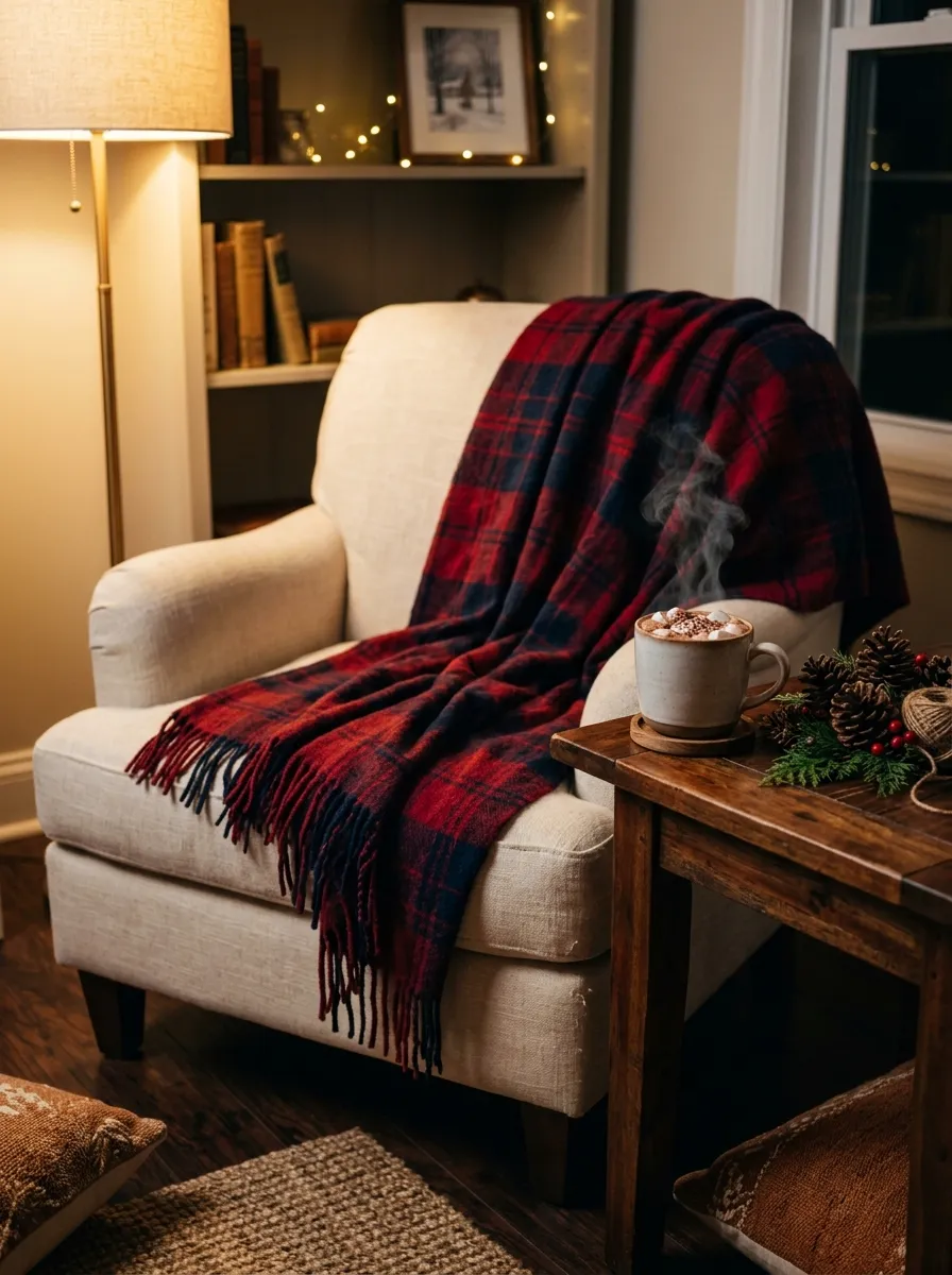 Cream armchair styled with a red plaid throw blanket as part of a cozy holiday plaid decor setup