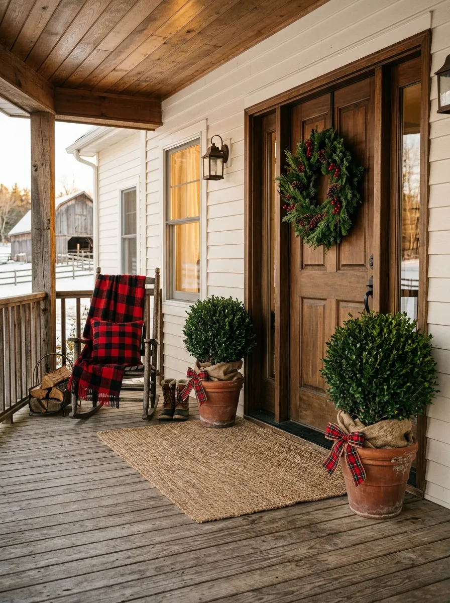 Buffalo check plaid throw and rocking chair with boxwood topiaries as cozy outdoor Christmas porch styling