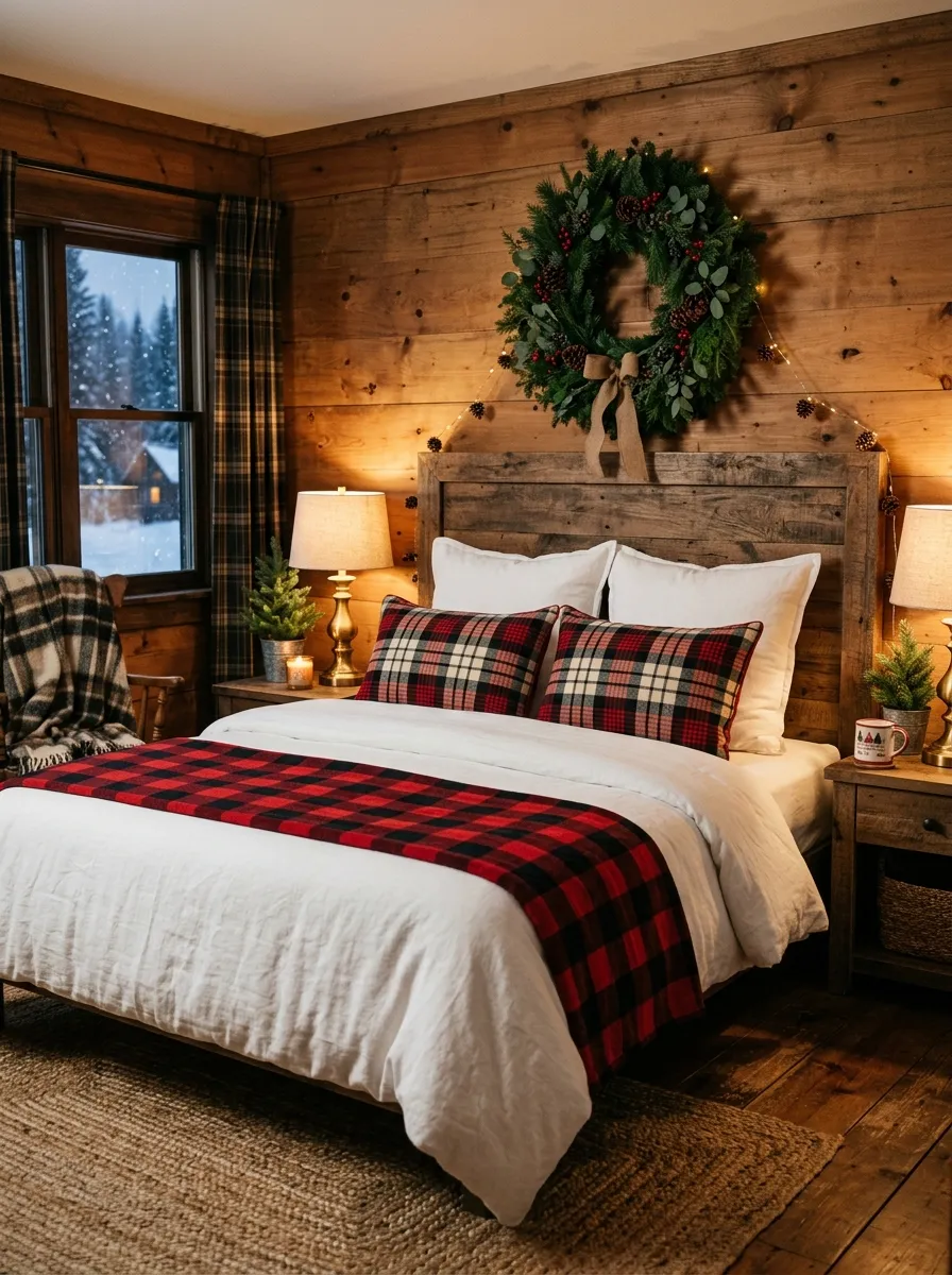 21 Christmas Bedroom Ideas That Make Your Space Feel Magical, Cozy, and Full of Holiday Charm 5 A cozy cabin style bedroom with a red buffalo plaid throw and flannel pillow covers layered for a warm holiday bedroom decor look.