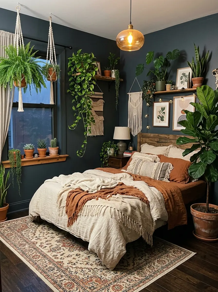 20 Dark Boho Bedroom Ideas That Embrace Moody Colors, Cozy Textures, and Relaxing Nighttime Style 16 A dark Boho bedroom with slate walls densely styled with hanging ferns, trailing pothos, fiddle leaf fig, and warm amber lighting