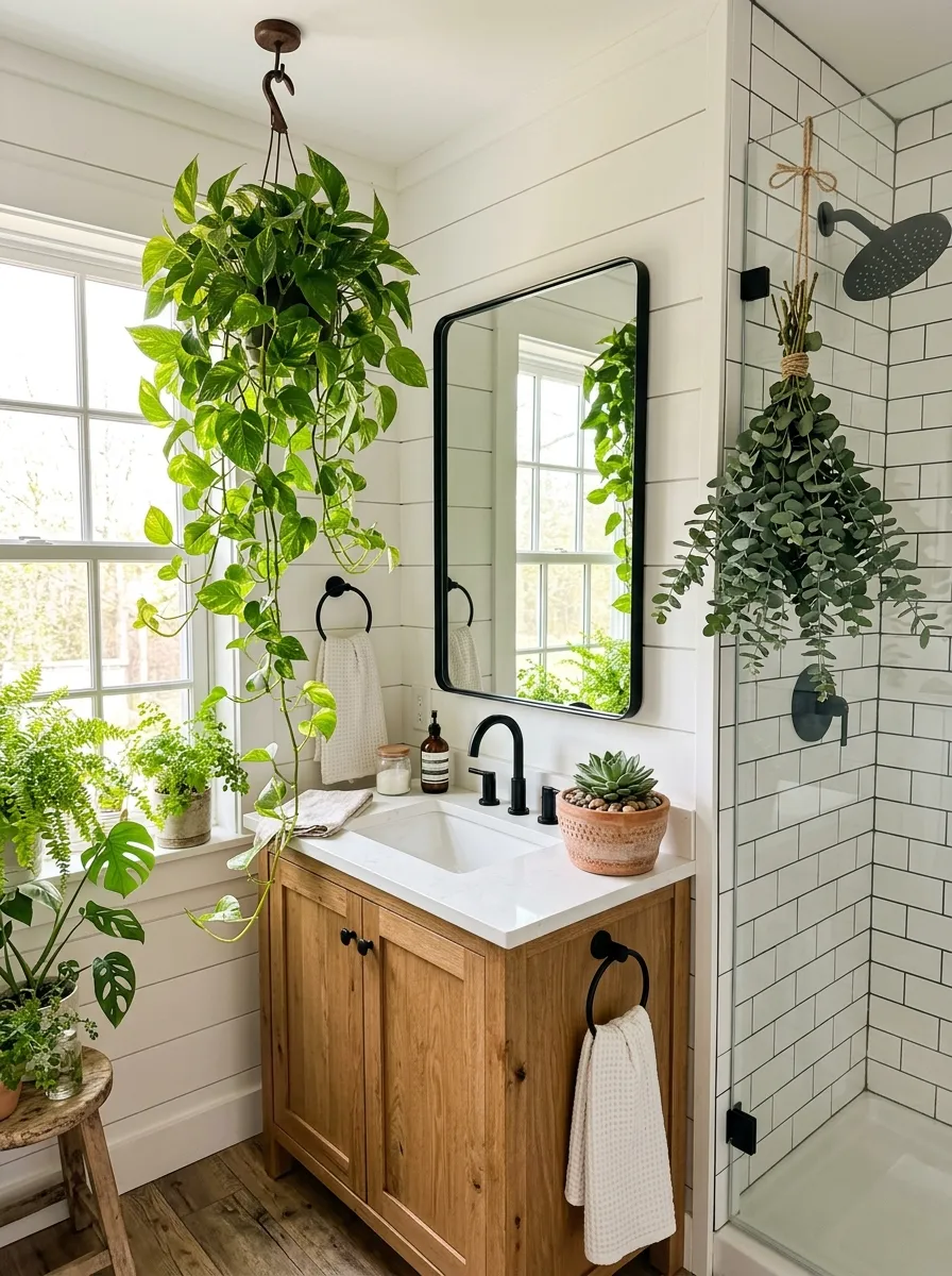 Bright farmhouse bathroom with hanging pothos, terracotta succulent, and eucalyptus bundle styling natural greenery throughout the space
