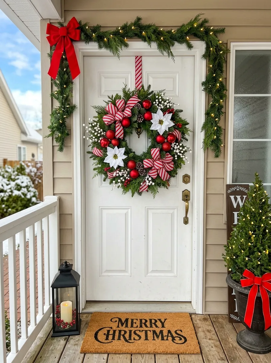 21 Christmas Wreath Ideas That Make Your Front Door the Most Beautiful on the Street 15 A cheerful candy cane striped ribbon Christmas wreath with white poinsettias and red ornaments on a white front door
