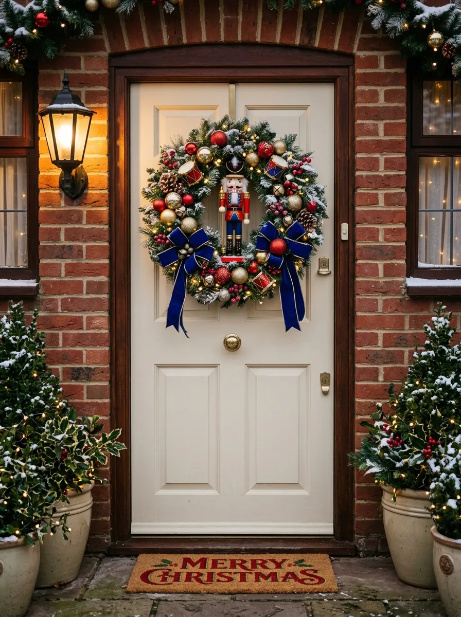 21 Christmas Wreath Ideas That Make Your Front Door the Most Beautiful on the Street 9 A festive nutcracker themed Christmas wreath with red and gold ornaments and royal blue ribbon on a cream front door