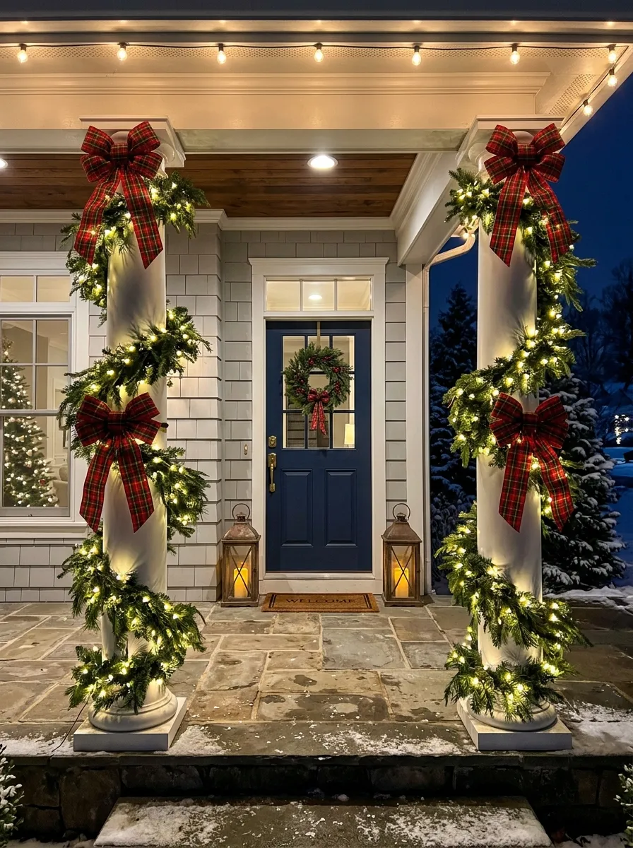 White porch columns wrapped in pine garland and plaid bows with string lights for Ralph Lauren Christmas decor curb appeal
