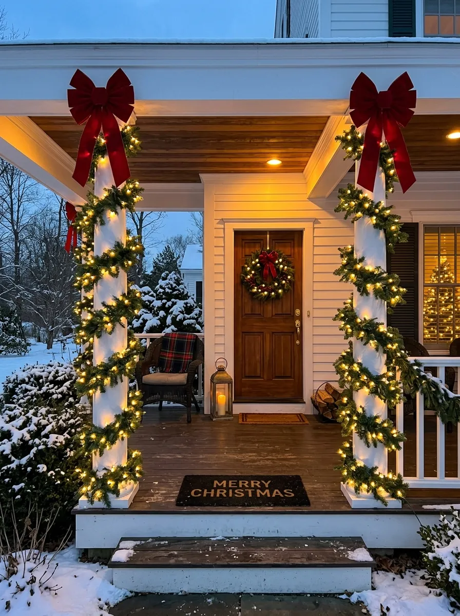 White porch columns wrapped in evergreen garland and red velvet bows as festive outdoor holiday decor