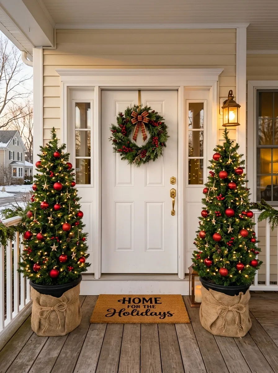 Two matching potted Christmas trees with warm lights and red ornaments as classic outdoor Christmas porch styling