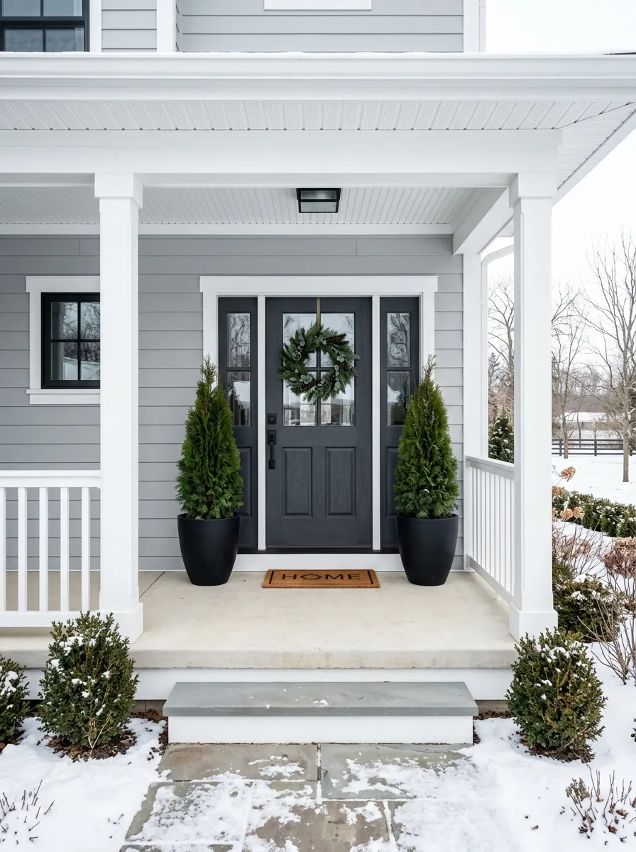 19 Winter Porch Decorating Ideas That Instantly Boost Cozy Curb Appeal All Season Long 2 Two potted evergreen trees flanking a farmhouse front door as stylish porch decor for winter season