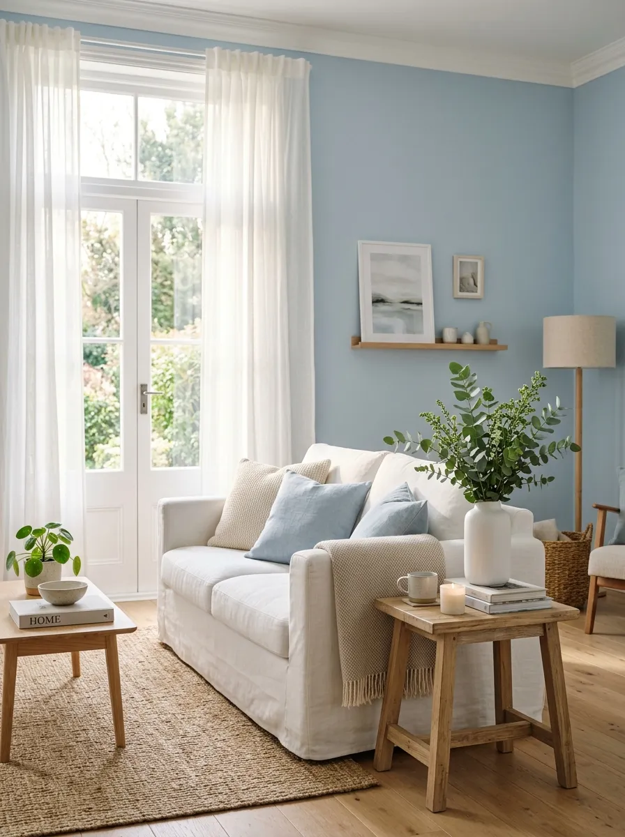 Powder blue painted living room walls with white sofa, oak furniture, and sheer curtains in morning light