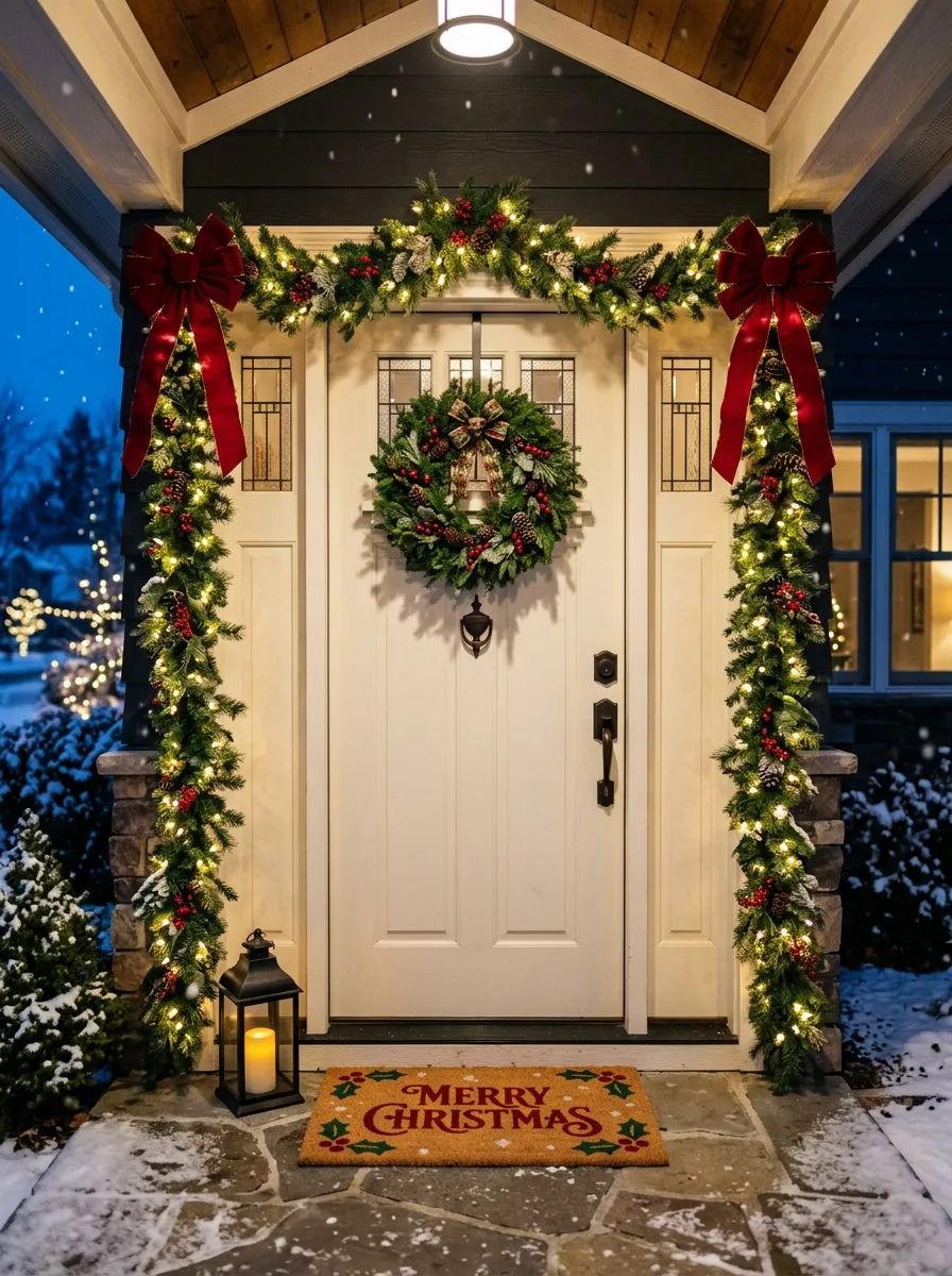 Pre lit evergreen garland with red bows framing a craftsman front door as festive outdoor holiday decor