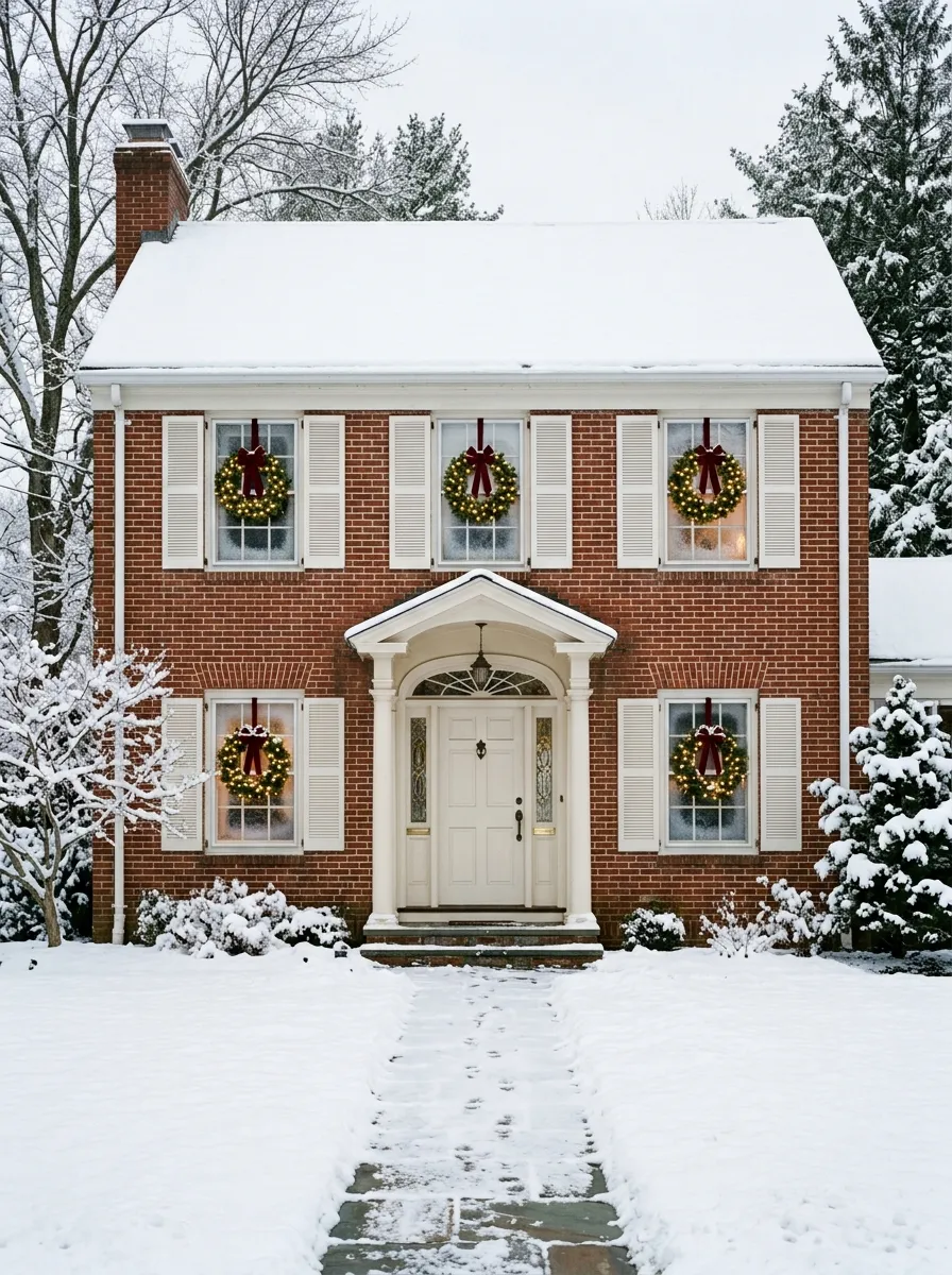 Six matching pre lit wreaths with burgundy bows in colonial home windows as outdoor holiday decor facade