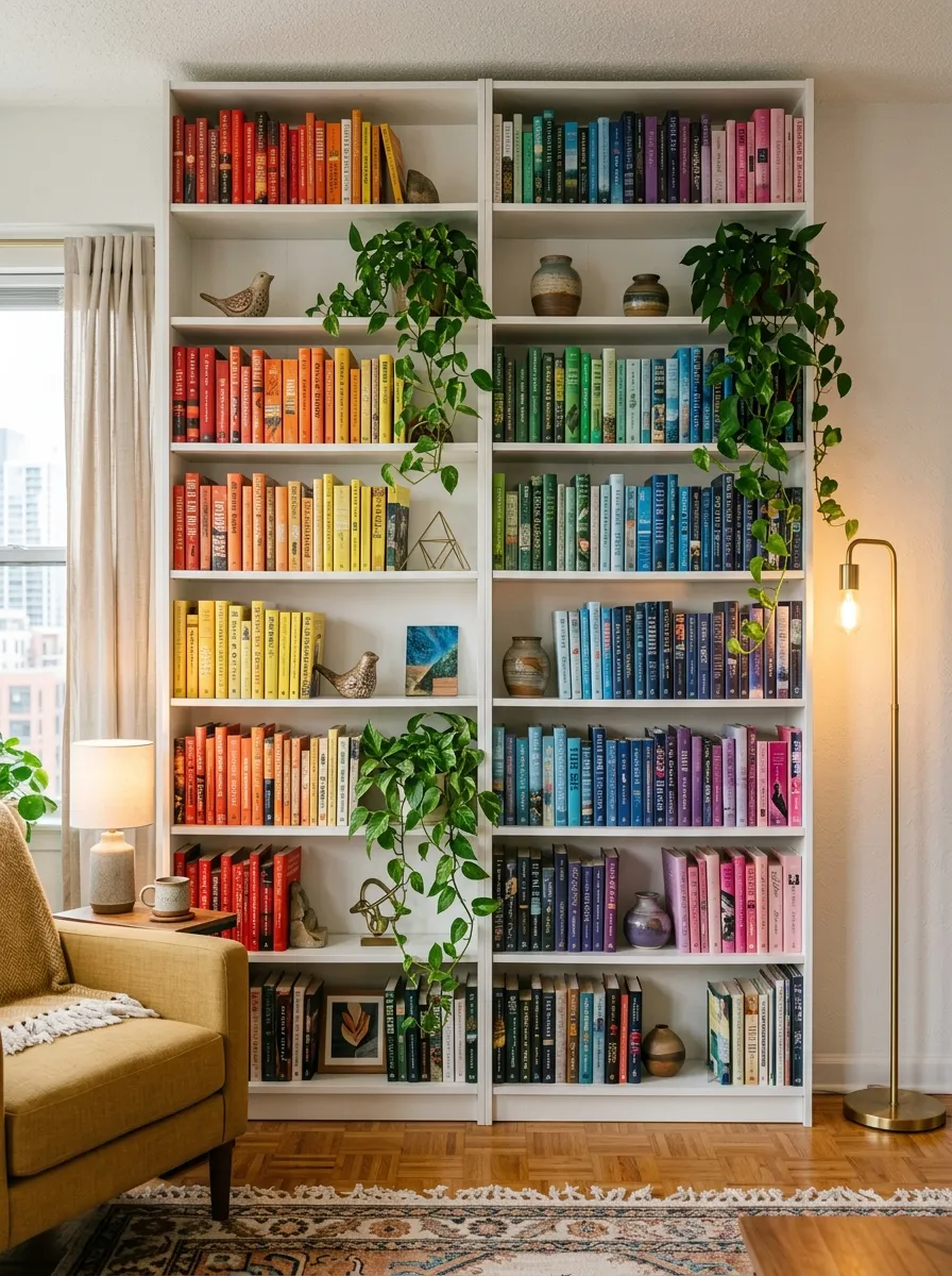 22 Colorful Apartment Decorating Ideas That Make Every Room Feel Bold, Stylish, and Cohesive 8 Color organized bookshelf with rainbow gradient book arrangement and trailing plants in a bright apartment