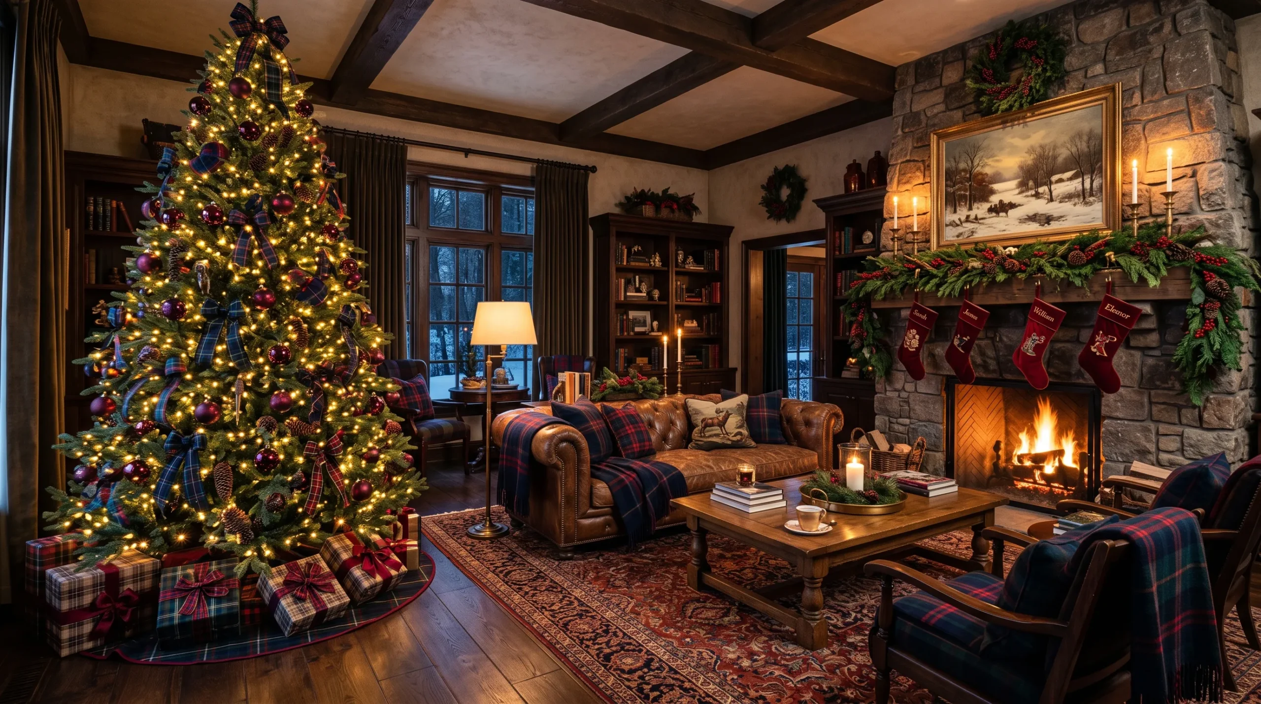 A grand living room styled with Ralph Lauren inspired Christmas decorating featuring plaid, garland, and glowing fireplace accents