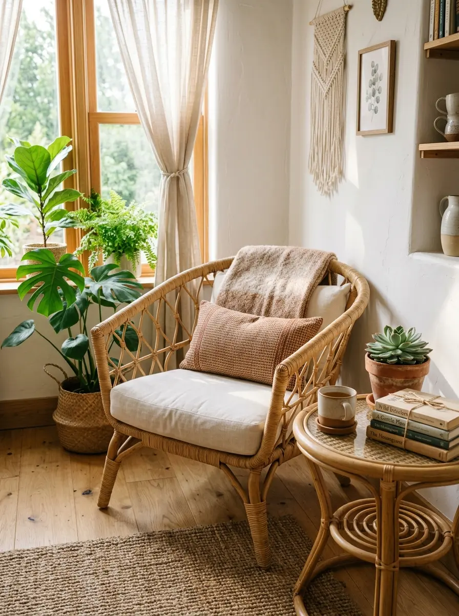 22 Boho Apartment Ideas That Turn Small Spaces Into Soulful, Cozy, and Stylish Sanctuaries 2 A natural rattan armchair with cream cushion beside a rattan side table in a bright airy Boho apartment living room.