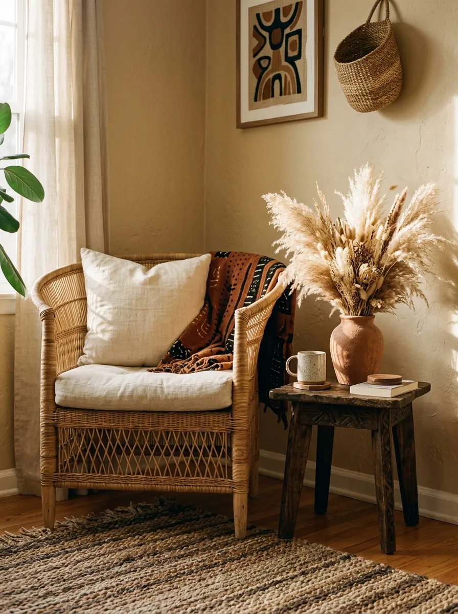 23 Afro Boho Living Room Ideas That Feel Warm, Authentic, Stylish, and Truly Lived In 1 Rattan armchair, jute rug, and terracotta vase in a cozy African Boho living room corner