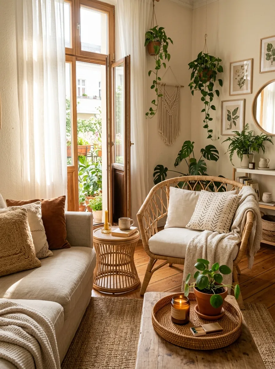 Airy Boho living room with natural rattan armchair, wicker side table, linen sofa, and sheer curtains in warm sunlight