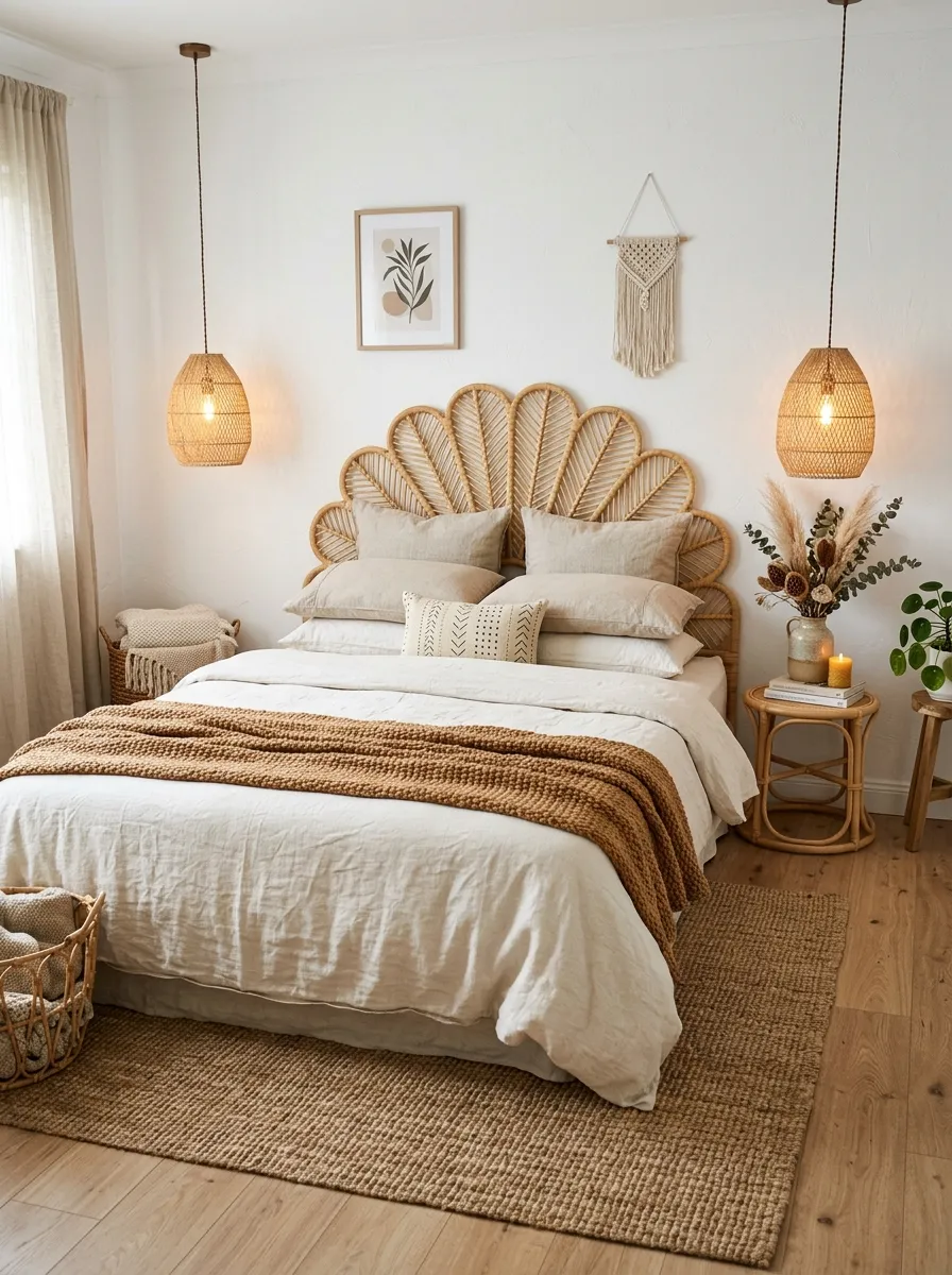 23 Curated Boho Bedroom Ideas for a Cozy, Inviting, and Effortlessly Stylish Retreat 1 Fan shaped rattan headboard with layered cream linen bedding and warm lighting in a cozy Boho bedroom style