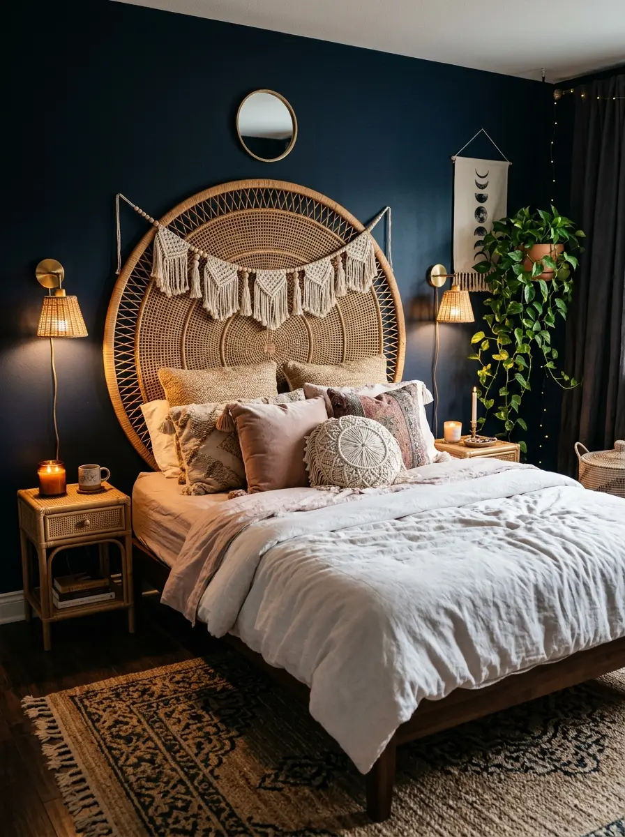 20 Dark Boho Bedroom Ideas That Embrace Moody Colors, Cozy Textures, and Relaxing Nighttime Style 3 A dark Boho bedroom with navy walls, a large circular rattan headboard, macramé garland, and warm sconce lighting