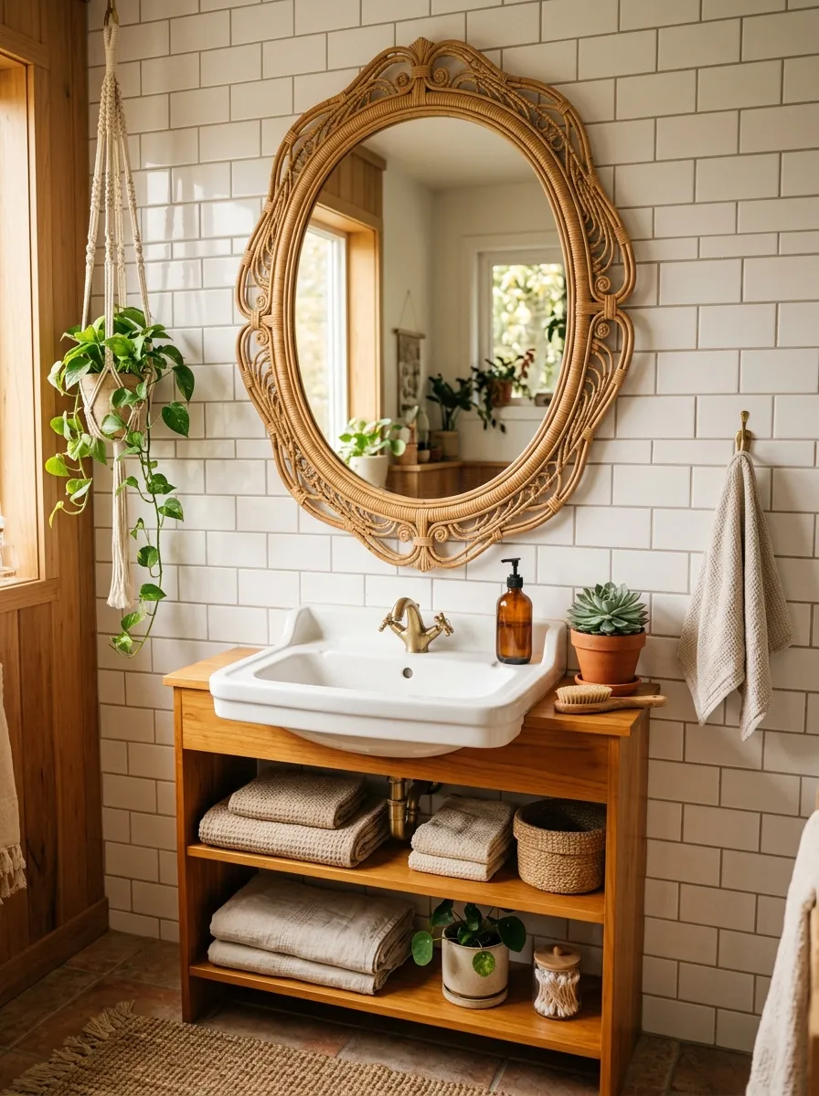 19 Boho Bathroom Ideas That Combine Soft Textures, Natural Details, and Soulful Eclectic Style 1 Large oval rattan mirror above a ceramic sink in a bright Boho bathroom with linen towels and amber accents on open shelves.