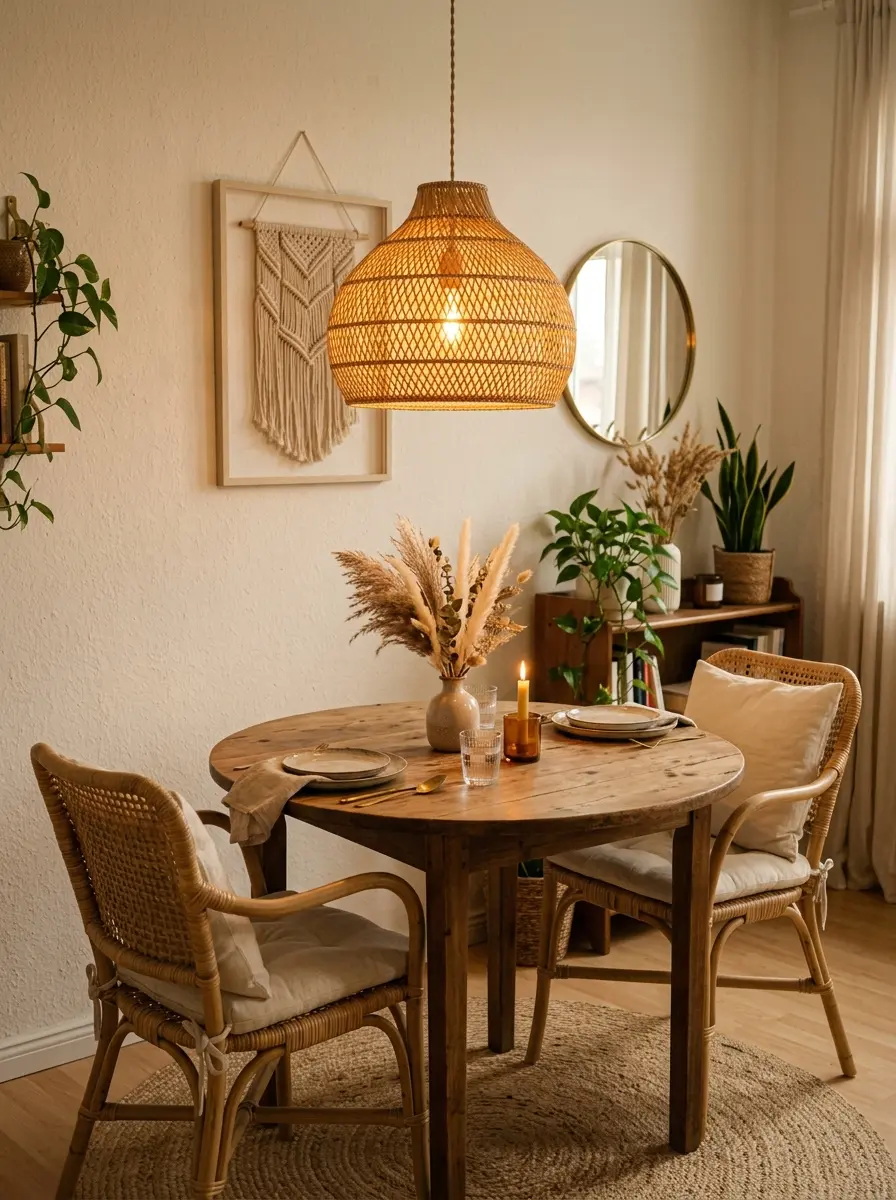 22 Boho Apartment Ideas That Turn Small Spaces Into Soulful, Cozy, and Stylish Sanctuaries 12 A large woven rattan pendant lamp hanging over a round wooden table in a small Boho apartment dining corner with dried pampas grass.