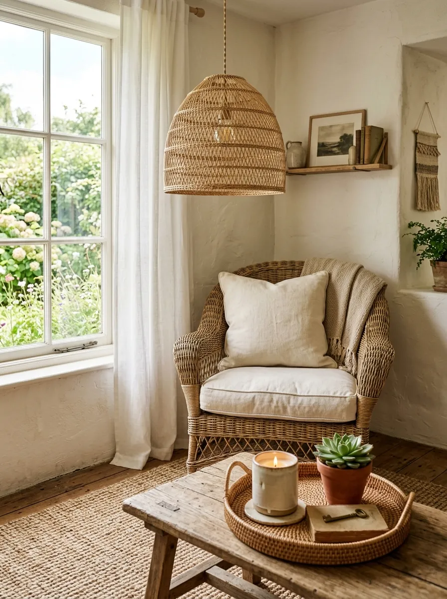 21 Earthy Cottage Decorating Ideas That Transform Your Home Into a Calm and Cozy Retreat 9 Rattan pendant lamp above a wicker armchair with linen cushion in a light and airy earthy cottage living room