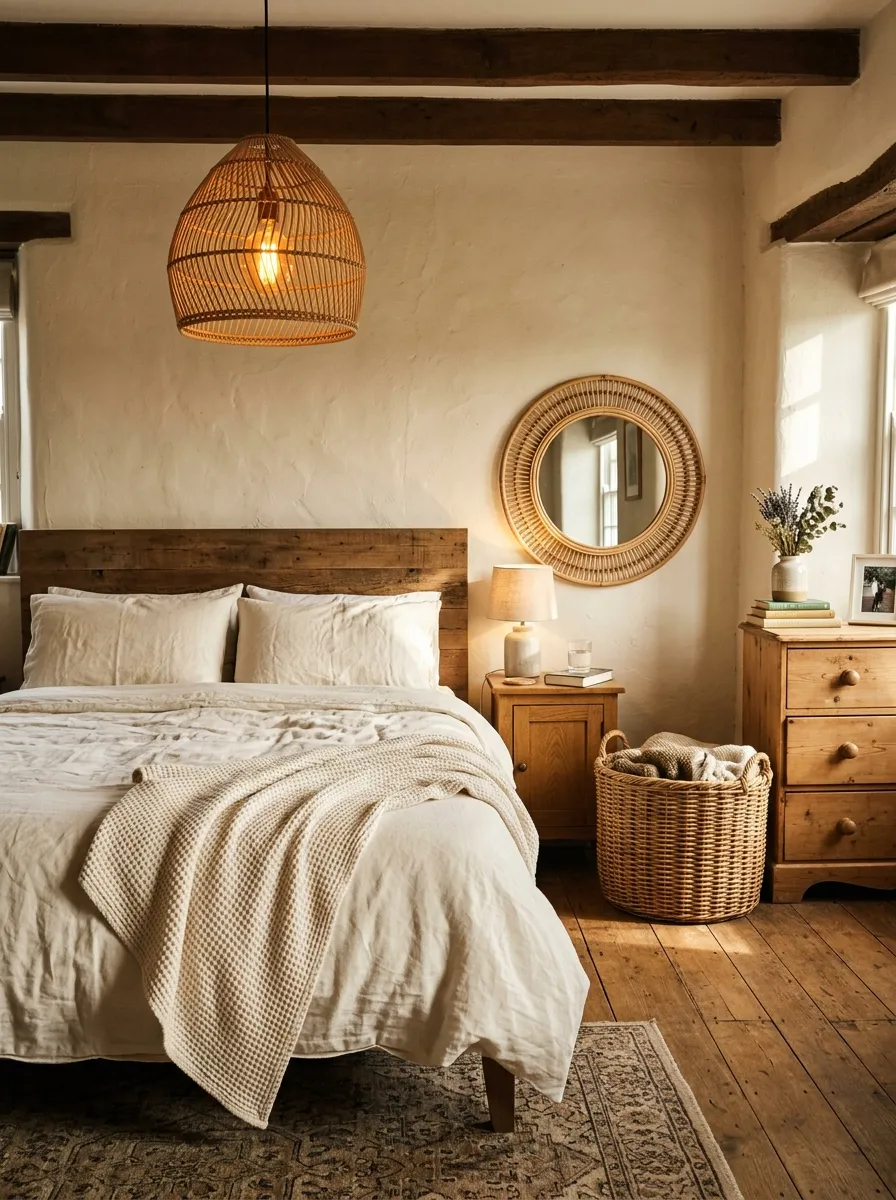 Farmhouse bedroom with rattan pendant light above a linen bed, a rattan framed mirror, and a wicker basket in warm afternoon light