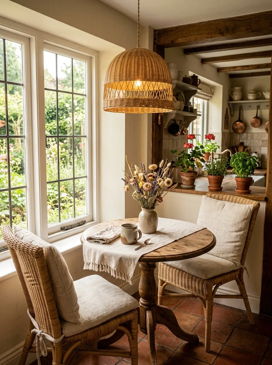 Rattan pendant light above wooden table with wicker chairs and dried flowers in a cozy cottage kitchen breakfast nook
