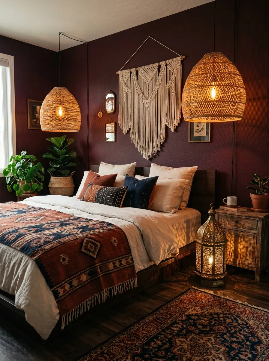 20 Dark Boho Bedroom Ideas That Embrace Moody Colors, Cozy Textures, and Relaxing Nighttime Style 17 A dark Boho bedroom with burgundy walls, rattan pendant lights at different heights, and a brass Moroccan lantern on the floor