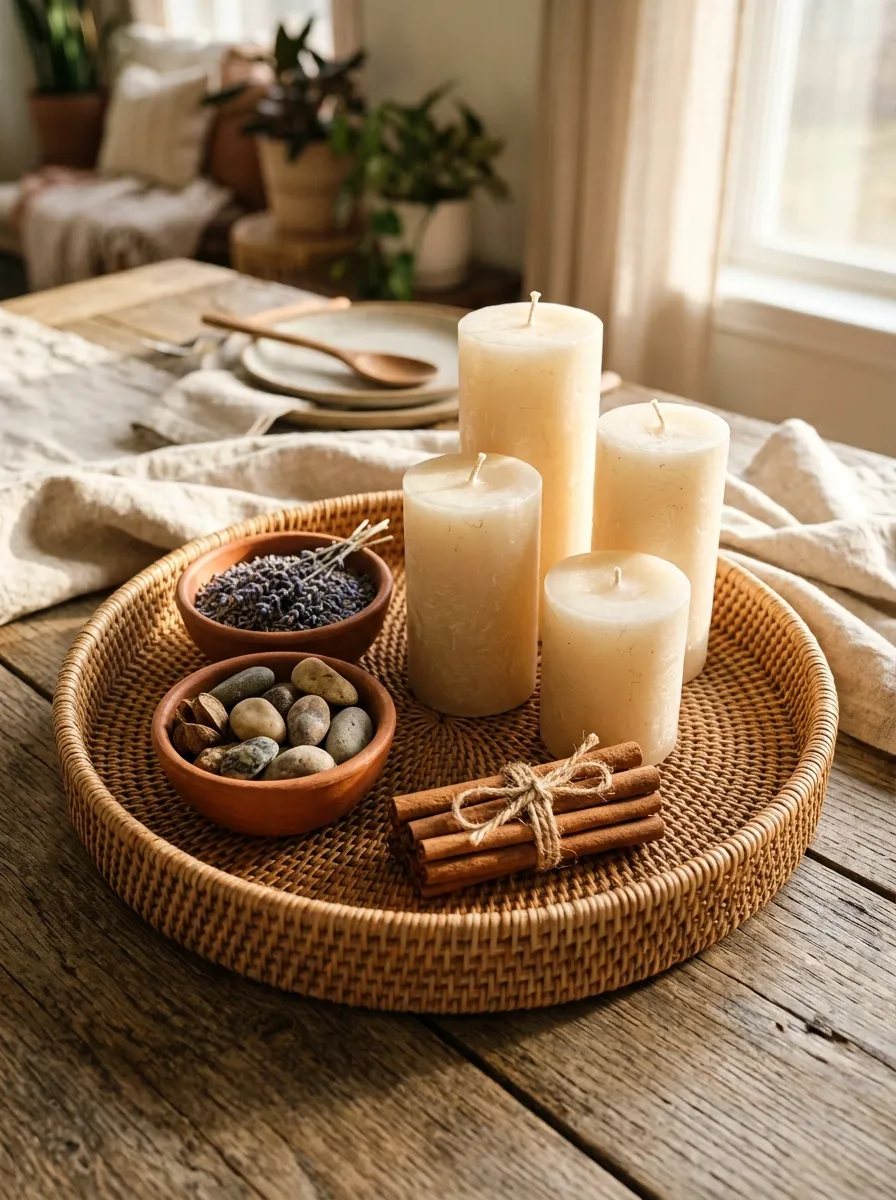 Woven rattan tray with cream candles dried lavender and cinnamon sticks as a boho outdoor table styling idea